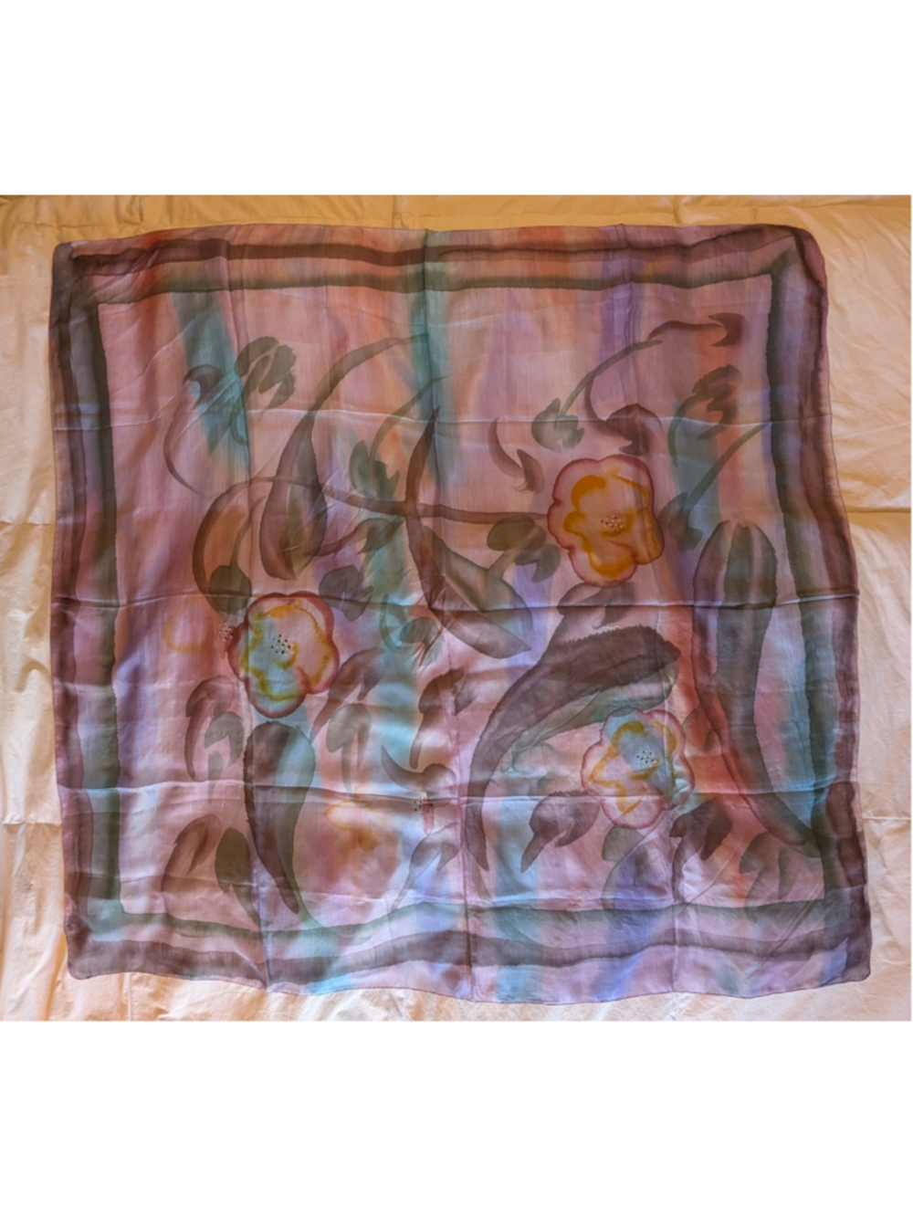 Women's Unbranded Silk Scarf Purple Pink Blue Floral Print 43"x43" Watercolor